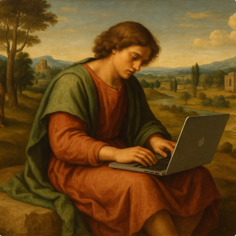 Renaissance-style painting of a figure using a laptop in a pastoral landscape